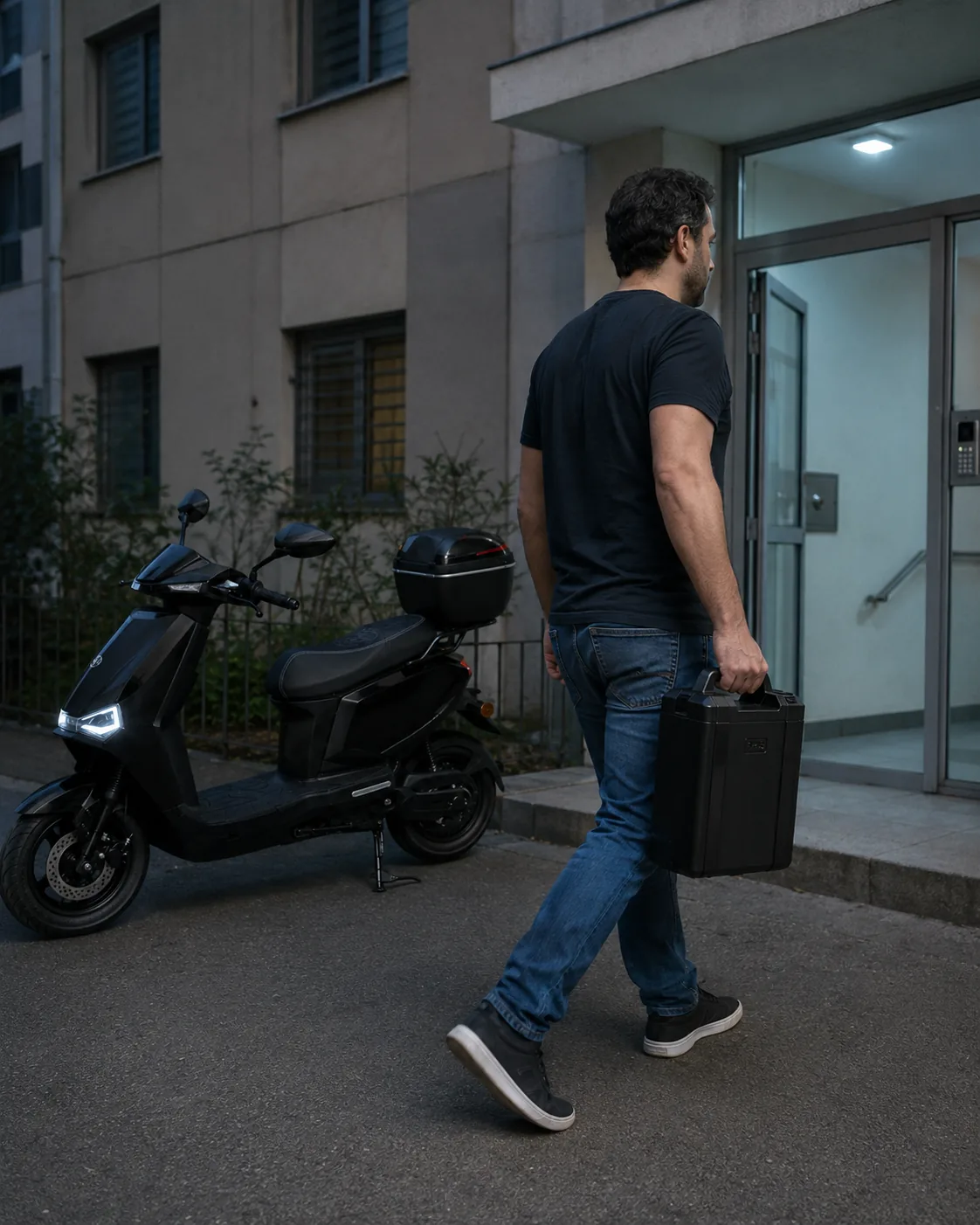Homem levando a bateria removível da VYA Cyber para dentro do prédio