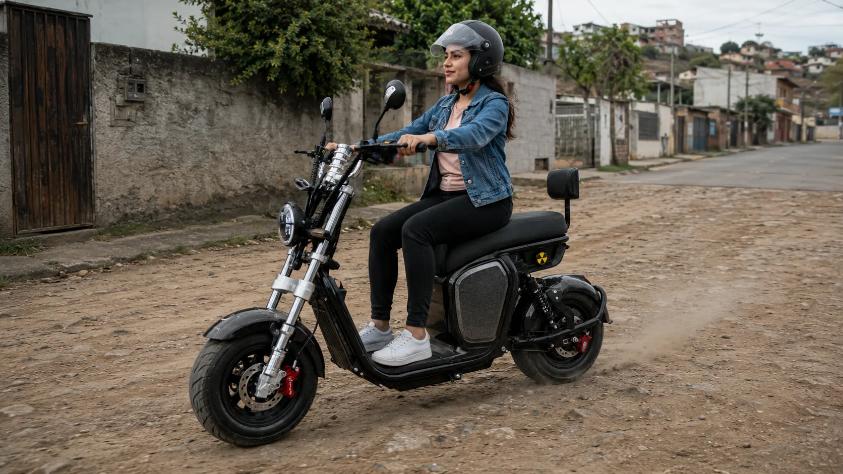 Mulher pilotando a VYA E-Hardy Carbono numa rua de terra de bairro