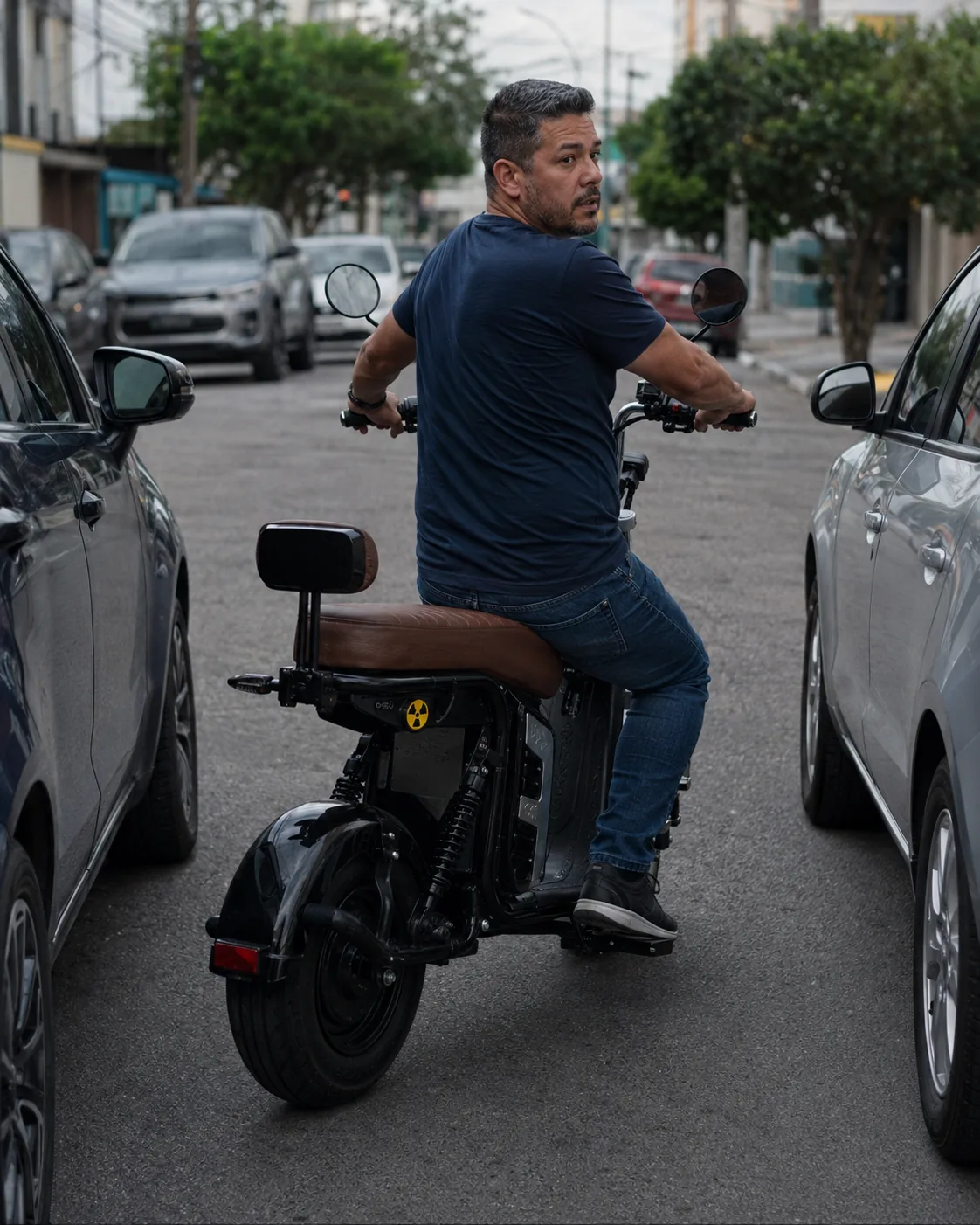 Homem manobrando a VYA Hard+ de ré entre dois carros estacionados